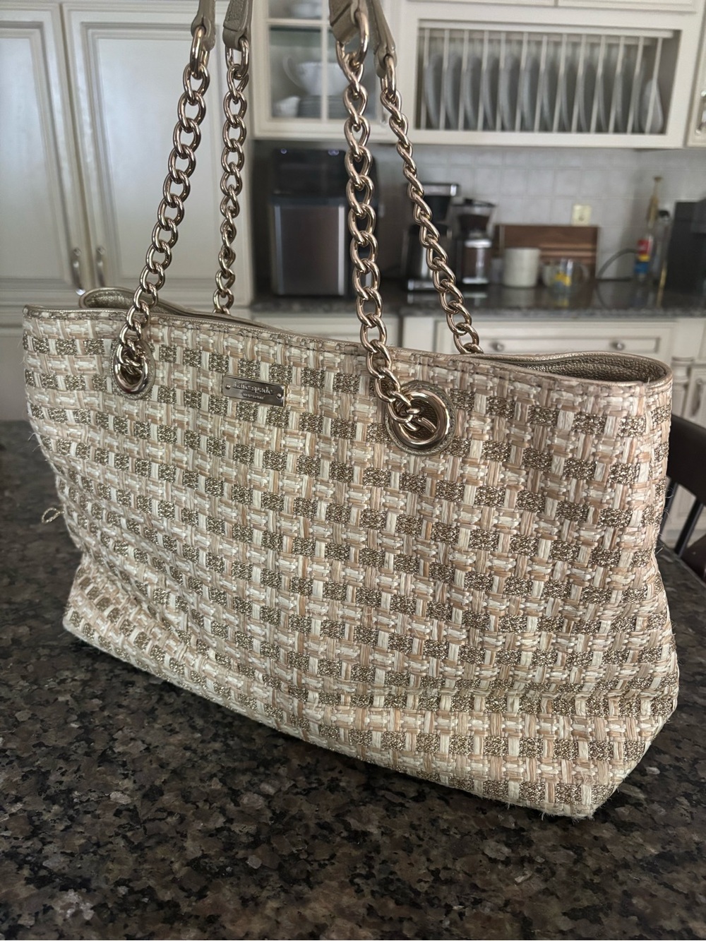 Kate Spade Tweed and Raffia Woven Chain Shoulder Tote